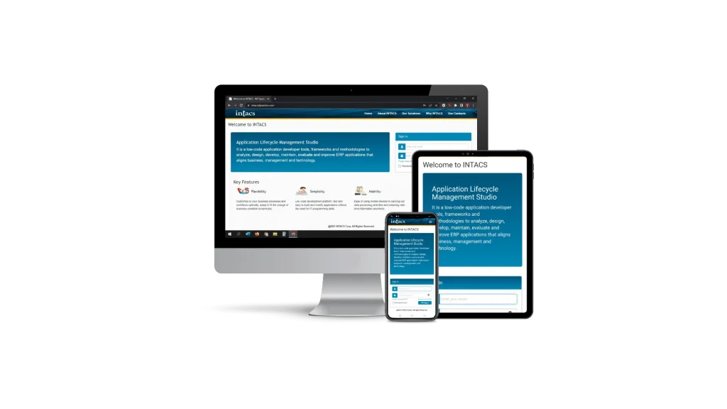 Tampilan antarmuka Intacs Dynamics yang responsif pada desktop, tablet, dan smartphone untuk akses manajemen bisnis kapan saja.