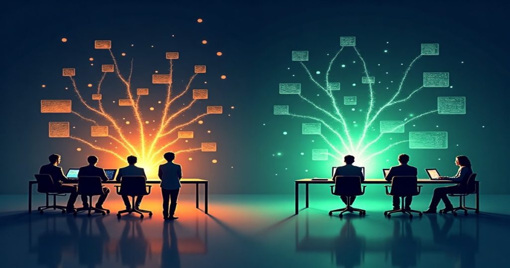 Ilustrasi biaya tersembunyi perusahaan akibat sistem tidak terintegrasi — data departemen tersebar vs dashboard ERP terpadu INTACS