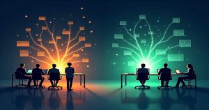 Ilustrasi biaya tersembunyi perusahaan akibat sistem tidak terintegrasi — data departemen tersebar vs dashboard ERP terpadu INTACS