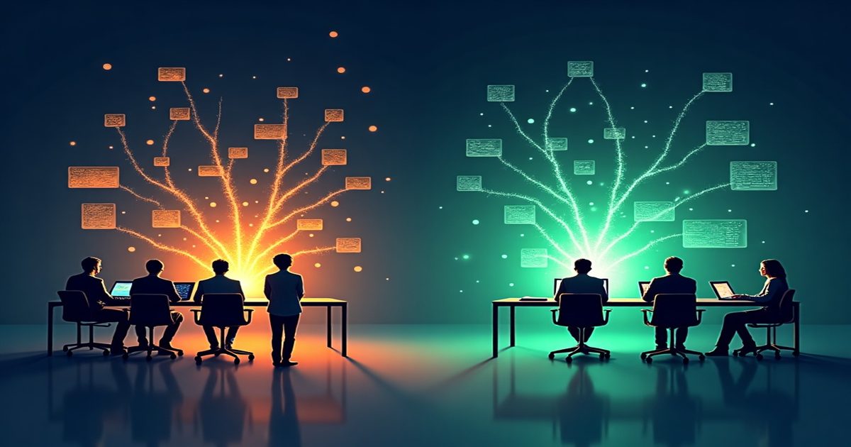 Ilustrasi biaya tersembunyi perusahaan akibat sistem tidak terintegrasi — data departemen tersebar vs dashboard ERP terpadu INTACS